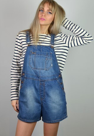 VINTAGE 90S DARK DENIM BLUE SHORT DUNGAREES