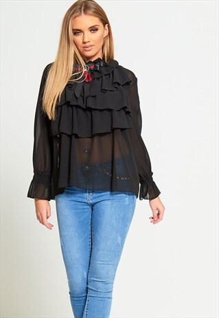 RUFFLE HIGH NECK BLOUSE WITH BROOCH