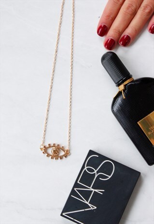 GOLD DIAMANTE EVIL EYE PENDANT STATEMENT NECKLACE