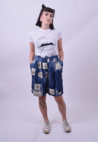 VINTAGE 80'S BLUE CRAZY PRINT HIGH WAIST SHORTS SIZE 12