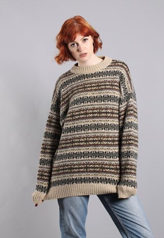 VINTAGE 80S NORDIC PATTERNED OVERSIZE WOOL JUMPER