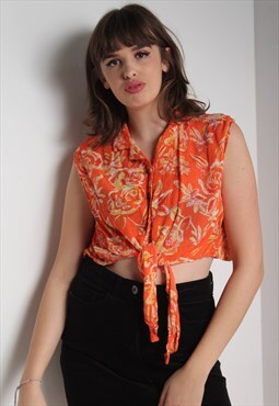 Vintage Floral Patterned Tie Waist Shirt Orange