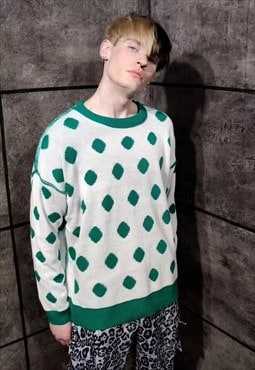 Reversible polka dot sweater dot knit jumper in white green