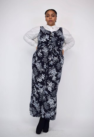 VINTAGE 90S NAVY & WHITE FLORAL JUMPSUIT WITH BELT & BUTTONS