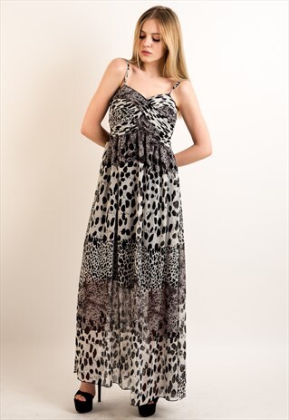 MULTI LEOPARD PRINT CHIFFON PLEATED BUST MAXI DRESS WEDDING