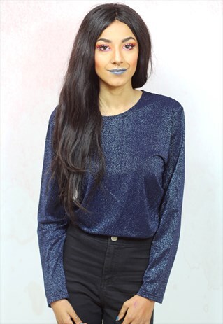 1990S VINTAGE BLUE LUREX SHIMMER LONG SLEEVE TOP