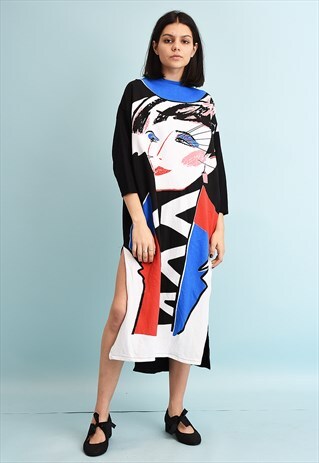 80'S RETRO ABSTRACT DRAWING PRINT OVERSIZED MIDI DRESS