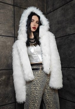 Hooded faux fur jacket white cropped detachable luxe bomber