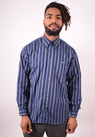 LACOSTE MENS VINTAGE SHIRT MEDIUM BLUE STRIPES 90S