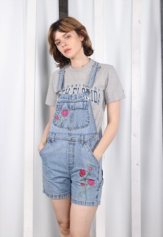 VINTAGE LIGHT BLUE FLORAL DENIM SHORT DUNGAREES 90S Y2K