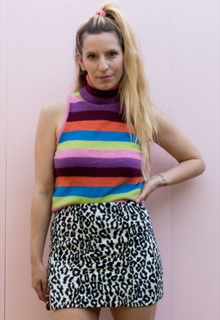 VINTAGE 90'S RAINBOW STRIPE POLO NECK CROP TOP