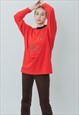 VINTAGE 80S BOXY FIT DUCKS EMBROIDERY JUMPER IN RED OVERSIZE