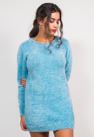 90'S VINTAGE FLUFFY BLUE KNIT JUMPER DRESS