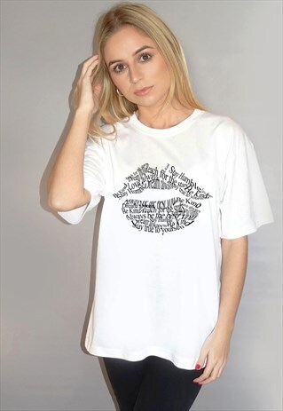 WHITE TSHIRT WITH POSITIVE SLOGAN LIP PRINT