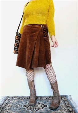 90s brown corduroy wrap pleated minimalist midi knee skirt