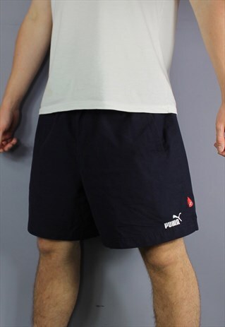 VINTAGE PUMA SHORTS IN NAVY BLUE WITH POCKETS, EMBROIDERED L