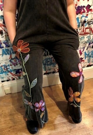 Black with embroidered flower design slouchy jumpsuit