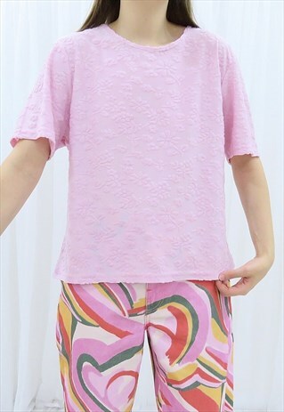 90S VINTAGE PINK FLORAL EMBOSSED BLOUSE TOP