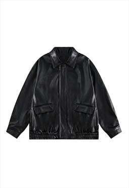 Faux leather varsity jacket PU motorsport bomber in black