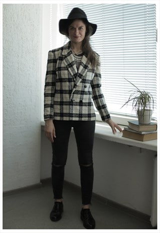 VINTAGE 80'S WHITE/BLACK CHECKED WOOL JACKET