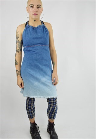 90S DIP DYE BLUE DRAWSTRING HALTER-NECK DRESS WITH FRINGING