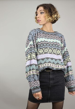 VINTAGE 80S 90S OVERSIZED PATTERNED KNIT JUMPER