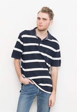 Vintage 90s Tommy Hilfiger Polo Shirt Cotton Striped Blue 