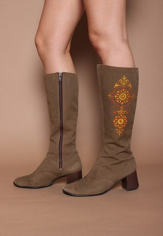 VINTAGE 60S EMBROIDERED CANVAS HIPPIE MOD KNEE HIGH BOOTS