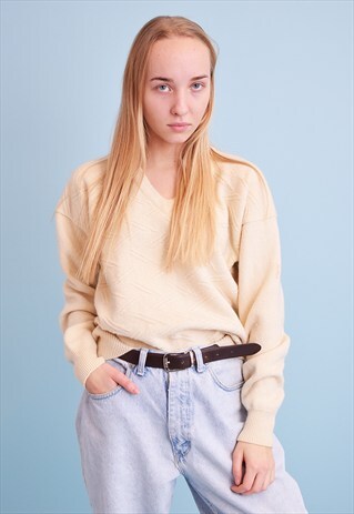 90'S RETRO YSL NEUTRAL KNIT OVERSIZED WOOL JUMPER TOP
