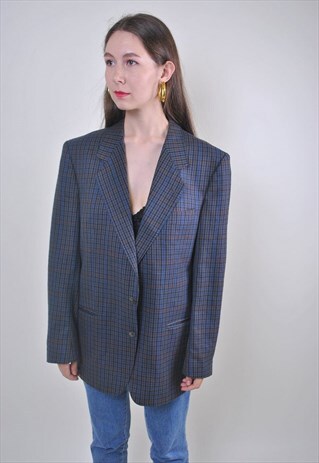 80S VINTAGE BLUE WOOL PLAID BLAZER, SIZE L