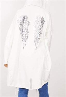 JUSTYOUROUTFIT Sequin Angel Wings Hooded Cardigan White  