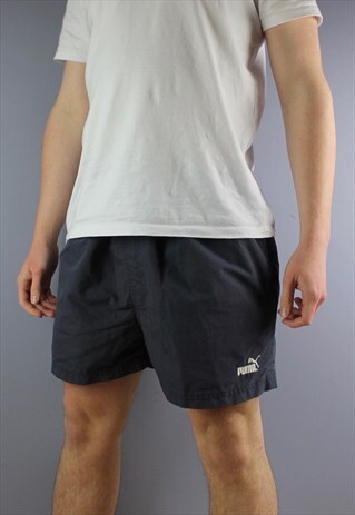 VINTAGE PUMA SHORTS IN NAVY WITH POCKETS, EMBROIDERED LOGO A