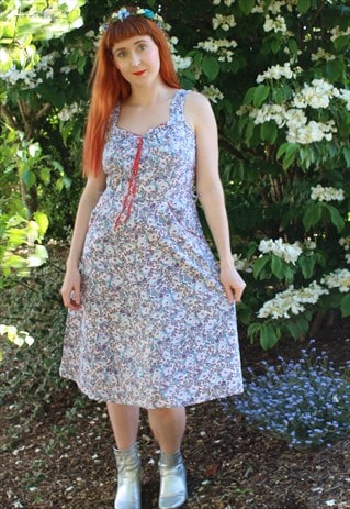 VINTAGE 70S BLUE WHITE RED FLORAL SUMMER MIDI DRESS