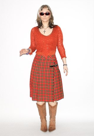 VINTAGE 90S PLAID MIDI SKIRT IN RED / GREEN