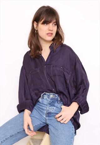 VINTAGE 90S BLUE SILK OVERSIZED BLOUSE SHIRT