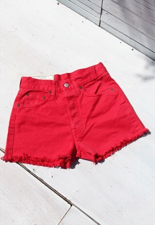 REPLAY 90S STOCK CORAL RED DENIM CROPPED HIGH WAIST SHORTS