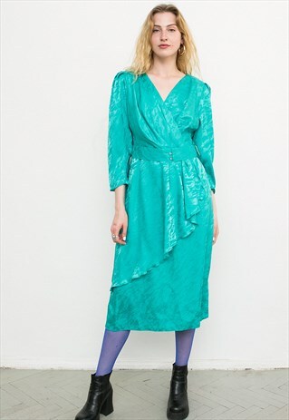 VINTAGE TURQUOISE GREEN RUFFLE 80S MIDI DRESS
