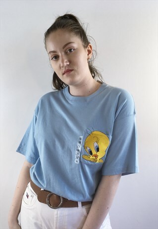 WOMENS VINTAGE 80S 90S WARNER BROS TWEETY BIRD BLUE TSHIRT