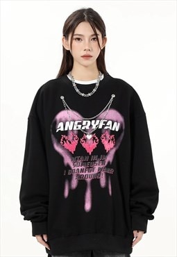 Heart print sweatshirt metal chain jumper retro top in black