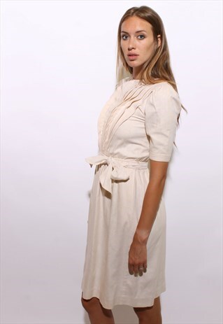 VINTAGE 80S CREAM WHITE RAW SILK MIDI DRESS PLEATED XS-S
