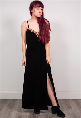VINTAGE 90'S BLACK VELVET STRAPPY MAXI DRESS