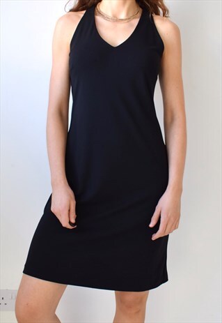 VINTAGE 90S Y2K CLASSIC BLACK DRESS HALTER NECK MIDI DRESS