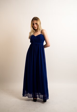 PLEATED BUST & SWEETHEART NECKLINE MAXI DRESS (BLUE)