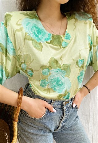 VINTAGE 80S BOTANICA ROSE PRINT BLOUSE TOP TEE T-SHIRT