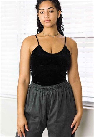 VINTAGE BLACK VELVET HALTER TOP SHIRT 90S ONE SIZE 3.0
