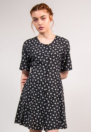 90'S VINTAGE MONOCHROME FLORAL PATTERN MINI SUMMER DRESS