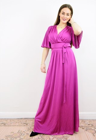 VINTAGE 70S PINK FUSCHIA ANGEL SLEEVE MAXI DRESS