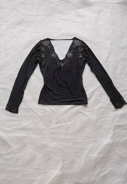 vintage y2k Black Tshirt with Crochet Accents