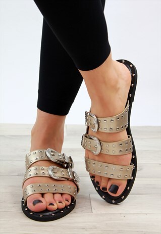 GOLD FLAT STUDDED SUMMER MULE BUCKLED SANDALS