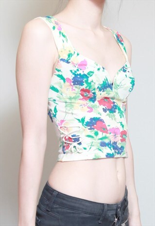 VINTAGE 1990'S FLORAL PRINT SIDE LACE UP CROP TOP